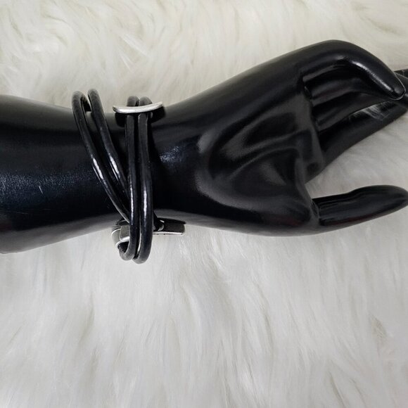 Gladiator Wrap Silver Metal Leather Black Magnetic Strand Y2K Statement Bracelet - Picture 3 of 10